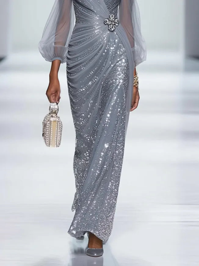Silver Gray Buckle Glitter Sequin Sweetheart Neckline Long Sleeve Sheath Maxi Dress