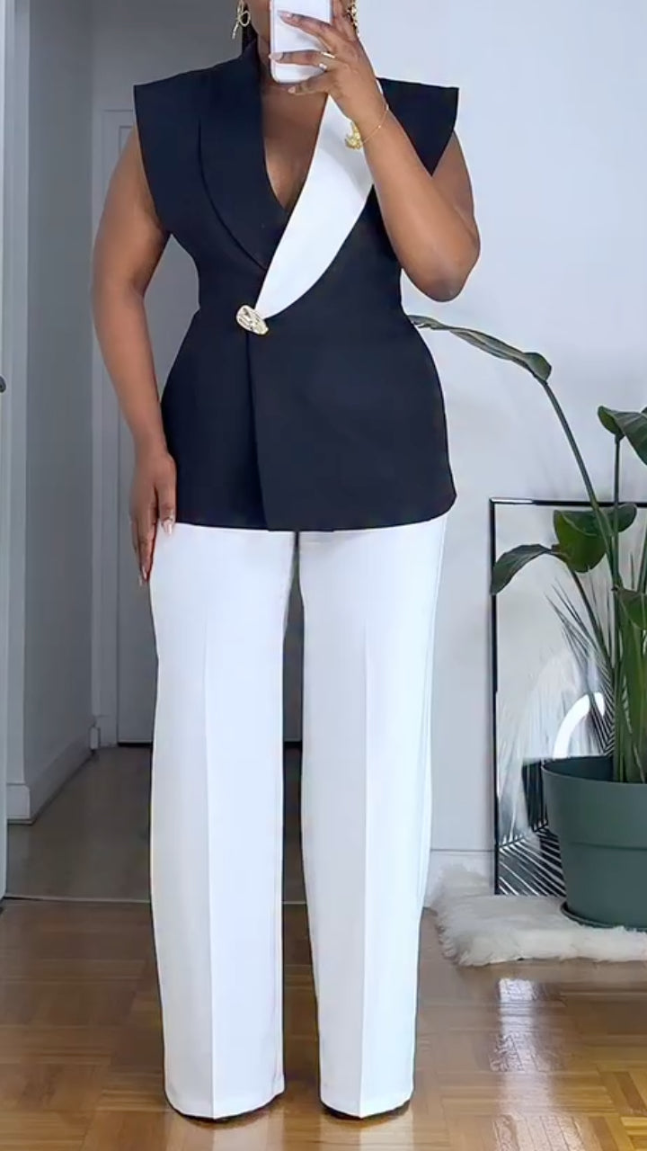 Color-Blocked Sleeveless Fitted Waist Top & Wide-Leg Pants Suit
