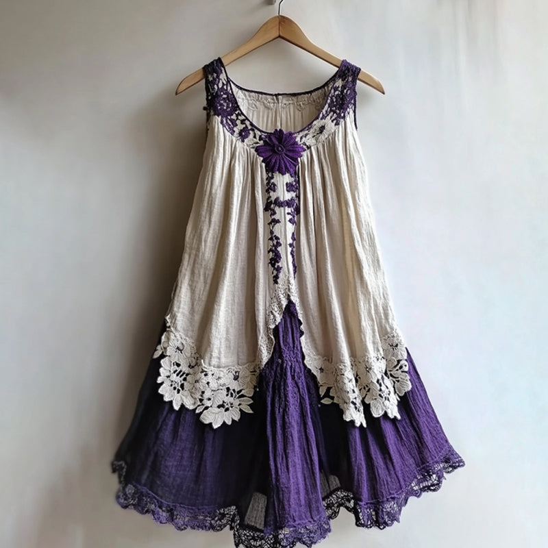 Vintage Violet Lace Floral Embroidery Art Tank Midi Dress