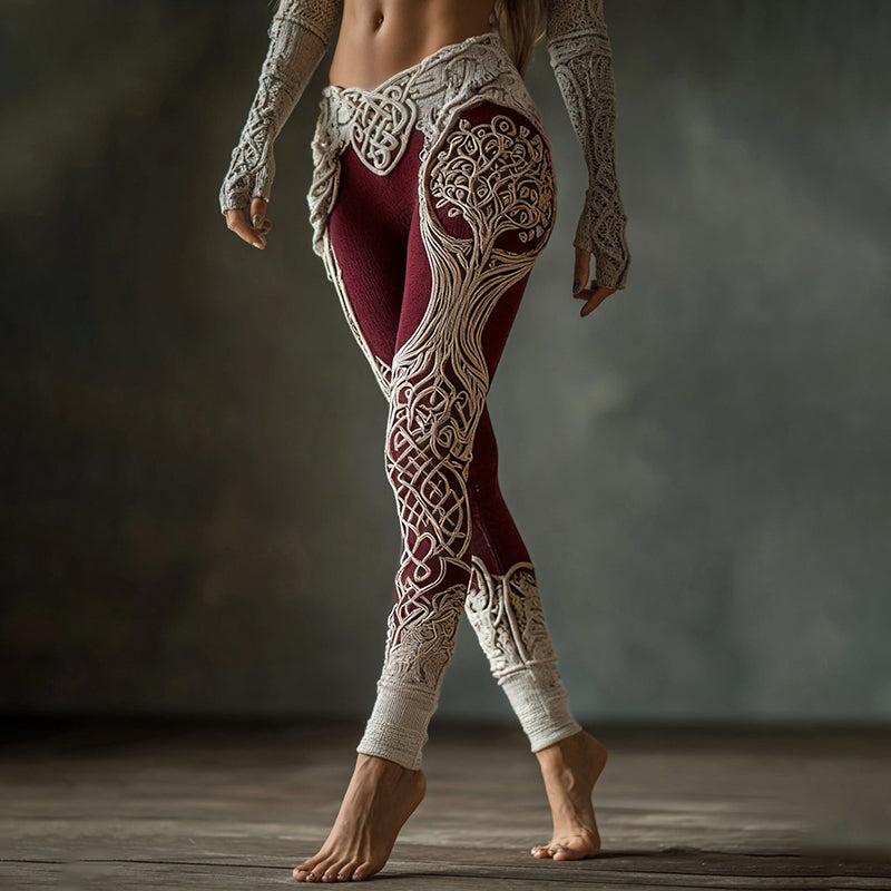 Vintage Viking Tree Of Life Celtic Knot Contrasting Colors Art Knit Cozy Leggings