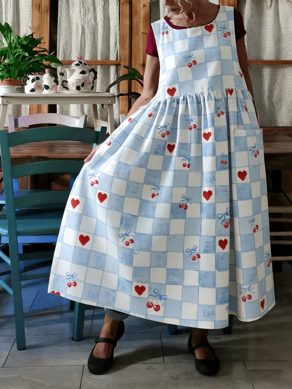 Cute Blue Checkerboard Apron with Hearts & Cherries