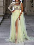 Asymmetric Beaded Split-Side Long Sleeves One-Shoulder Maxi Dresses