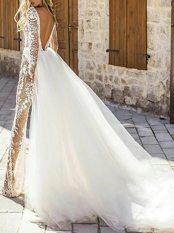 Sexy Deep V-Neck Long Sleeve Lace See-Through Split-Joint Backless Jumpsuit
