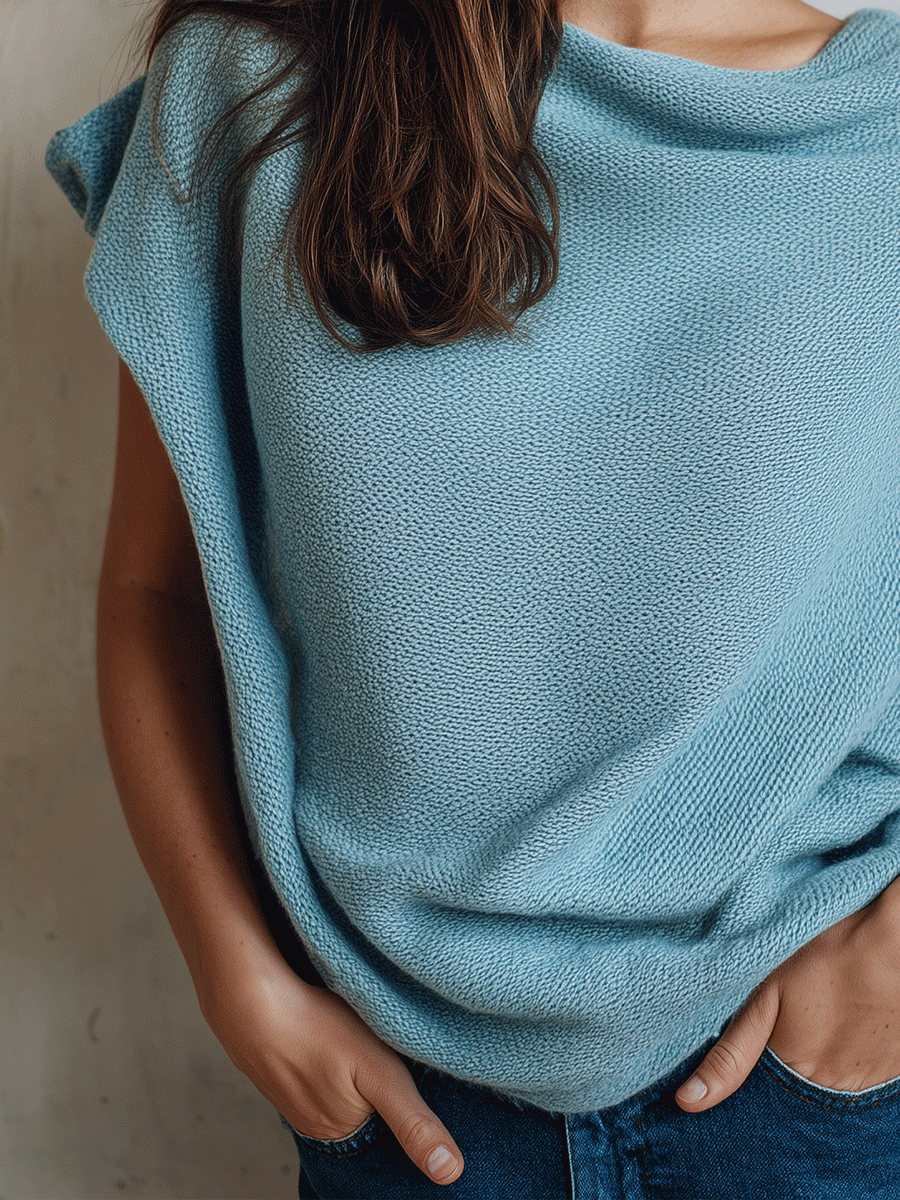 Minimalist Cozy Soft-Knit Draped Asymmetric Sky Blue Knit Top