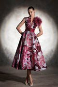 Decorated shoulder printed midi dress