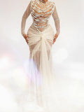 Fashion Beaded Embellished See-Through Chains White Wedding Maxi Dress
