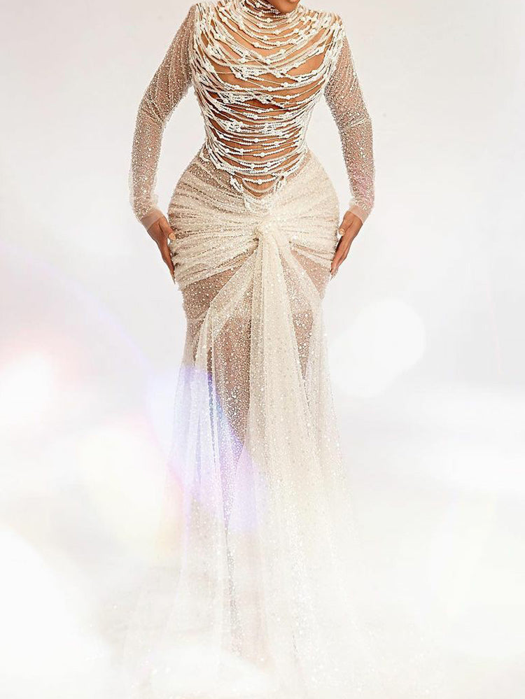 Fashion Beaded Embellished See-Through Chains White Wedding Maxi Dress