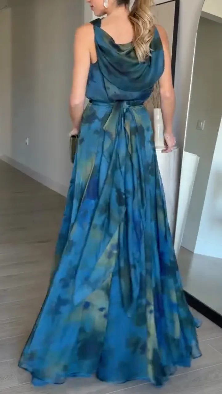 Teal Blue Watercolor Print Asymmetrical Maxi Dressxi DressMaxi Dress