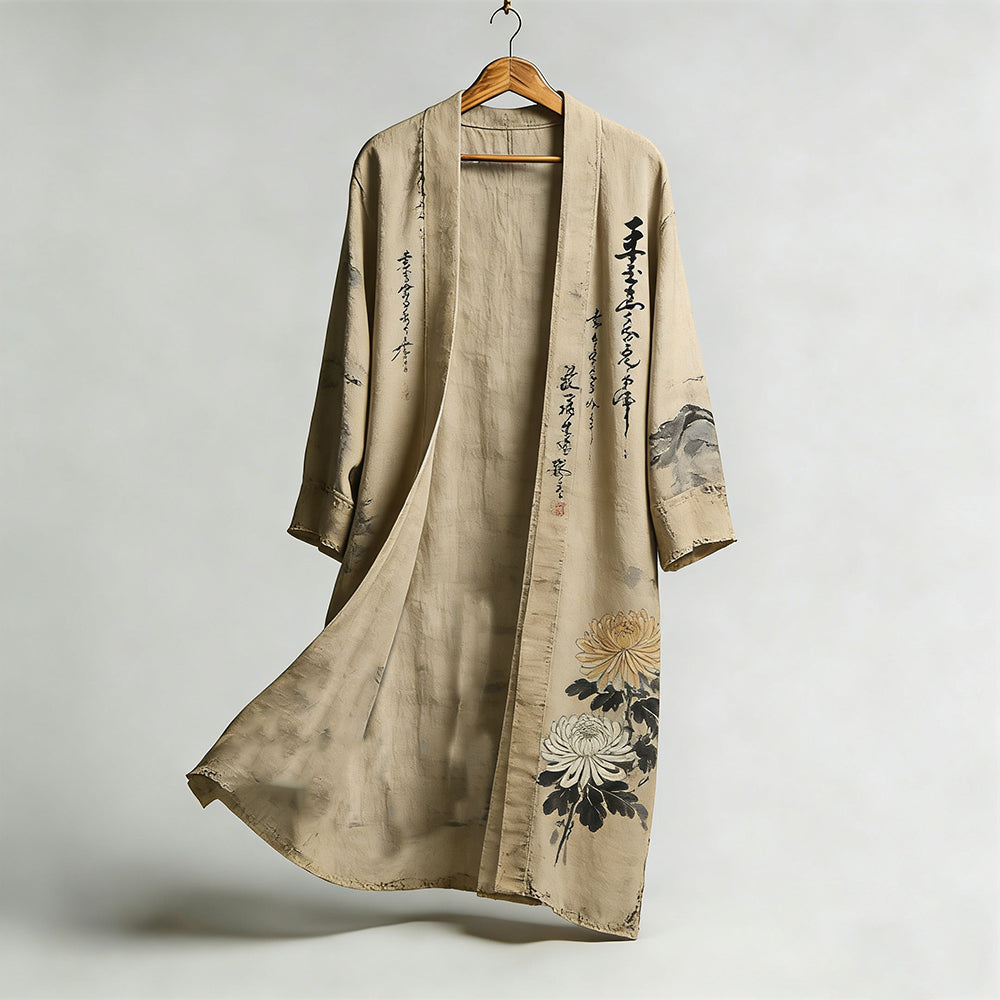 Men's Vintage Chrysanthemum And Grotesque Stone Art Linen Kimono