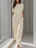 Women's Elegant High-Waist Jumpsuit - Wrinkle-Free Sleeveless Wide Leg Romper with Pockets