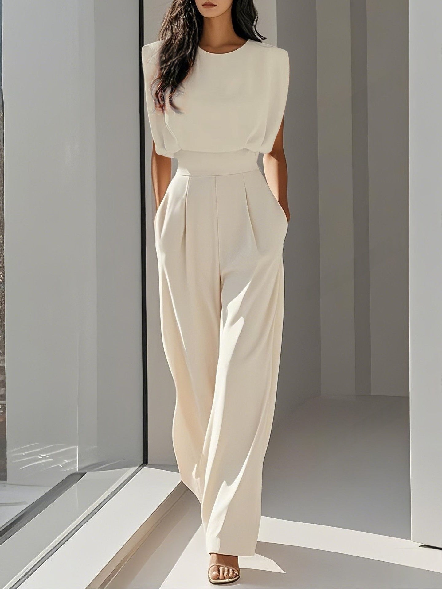 Women's Elegant High-Waist Jumpsuit - Wrinkle-Free Sleeveless Wide Leg Romper with Pockets