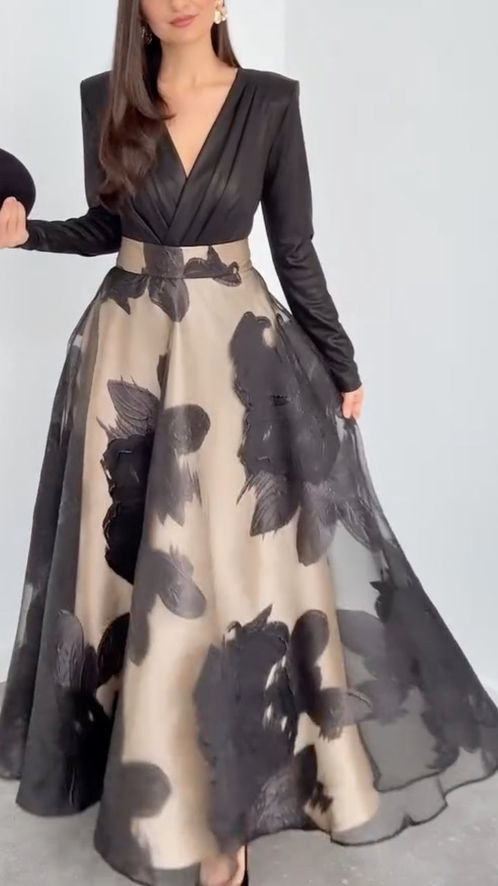 Black Beige Floral Print Maxi Dress