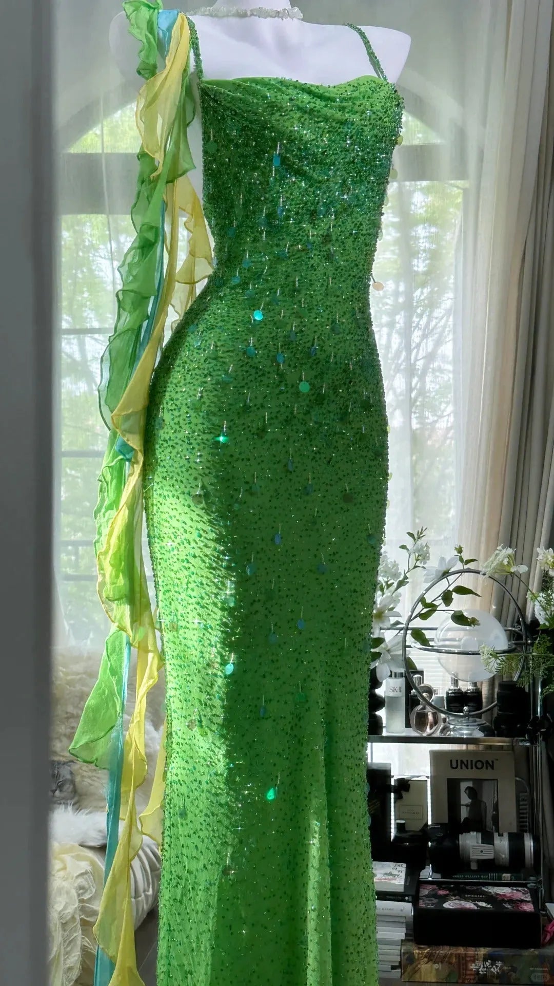 Green Beautiful Charming Fashion Elegant Sparkling Exquisite Sequin Beaded Long Chiffon Ball Gown Evening Gown Birthday Party Gown Prom Gown Graduation Gown 3946