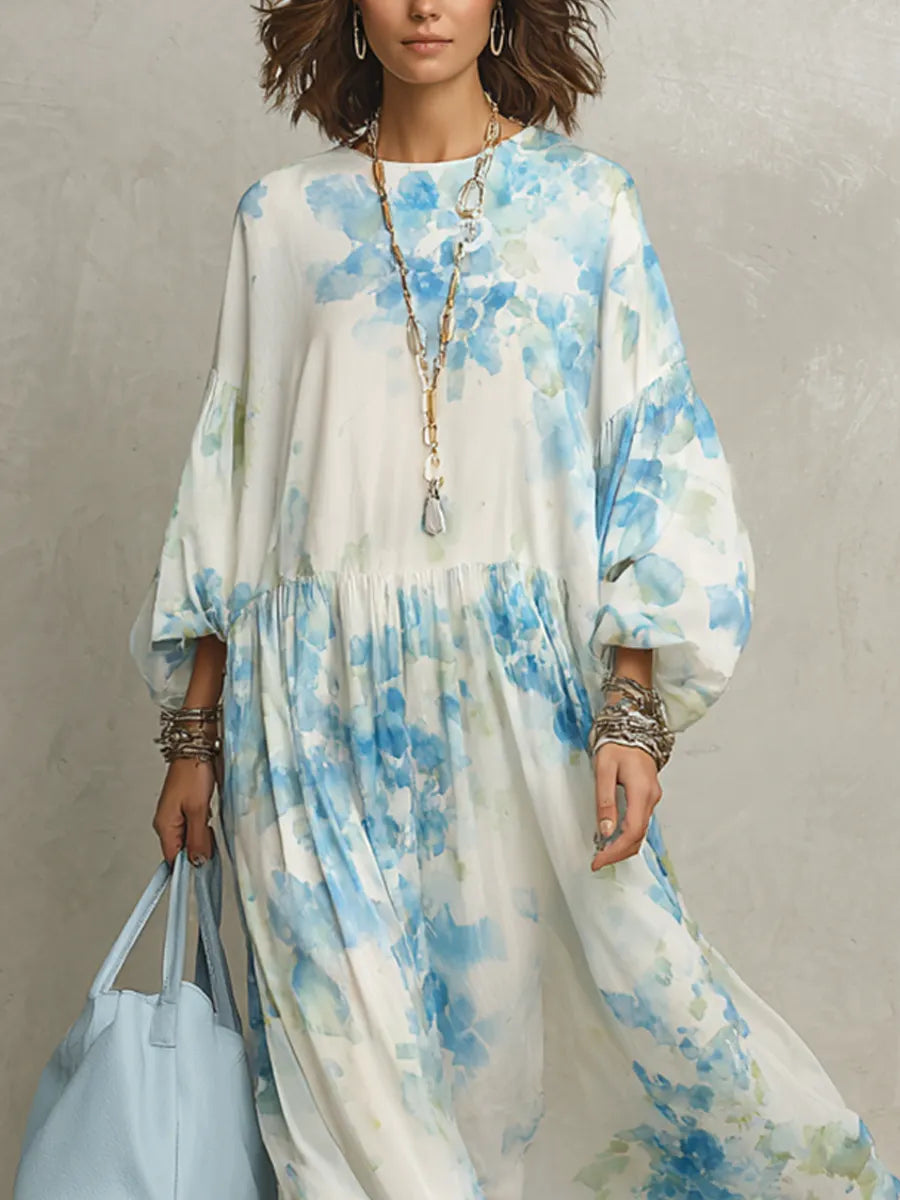 Fresh Sky Blue Watercolor Puff Sleeve Flowy Maxi Dress