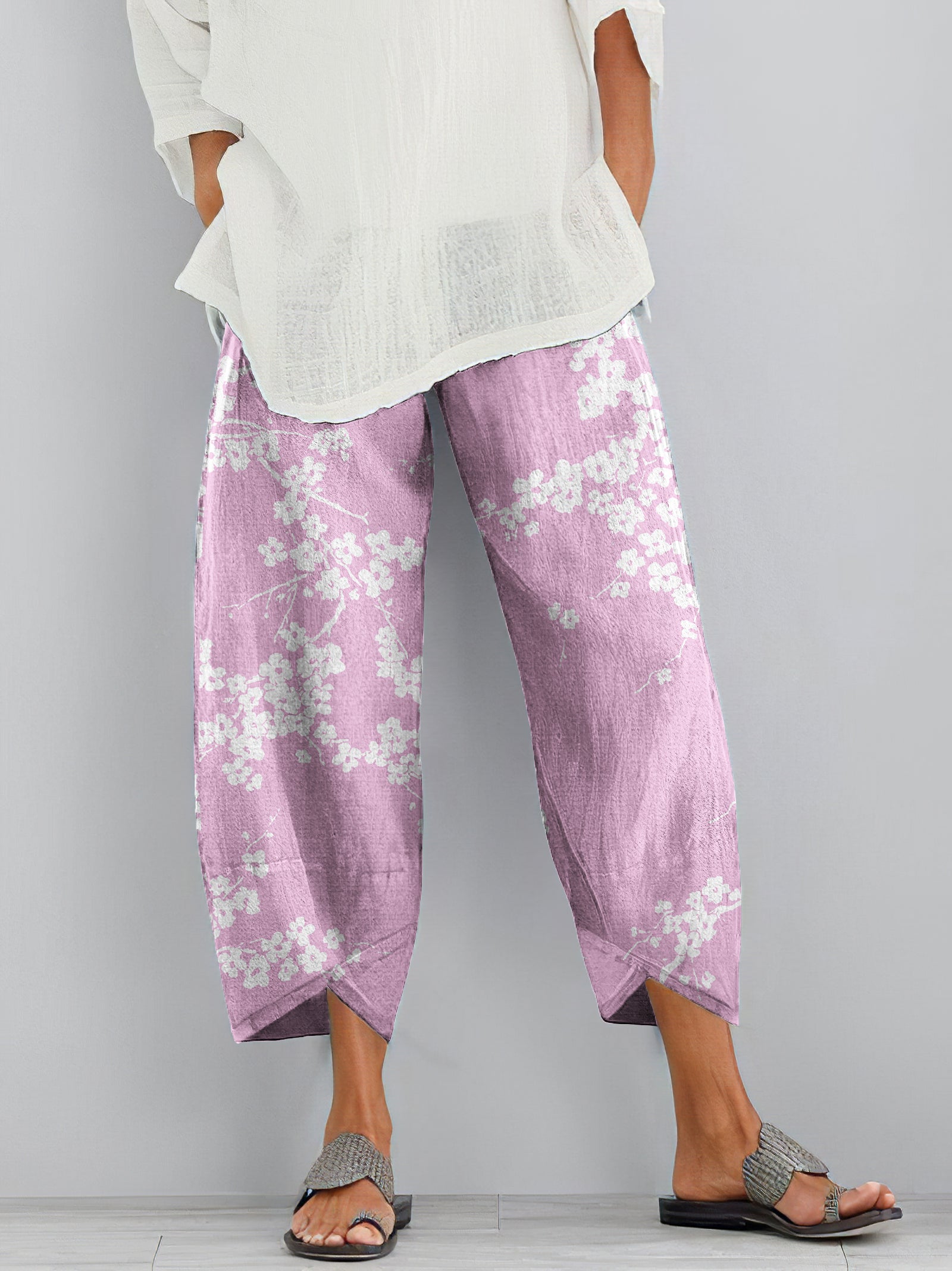 Cherry Blossom Print Loose Casual Pants
