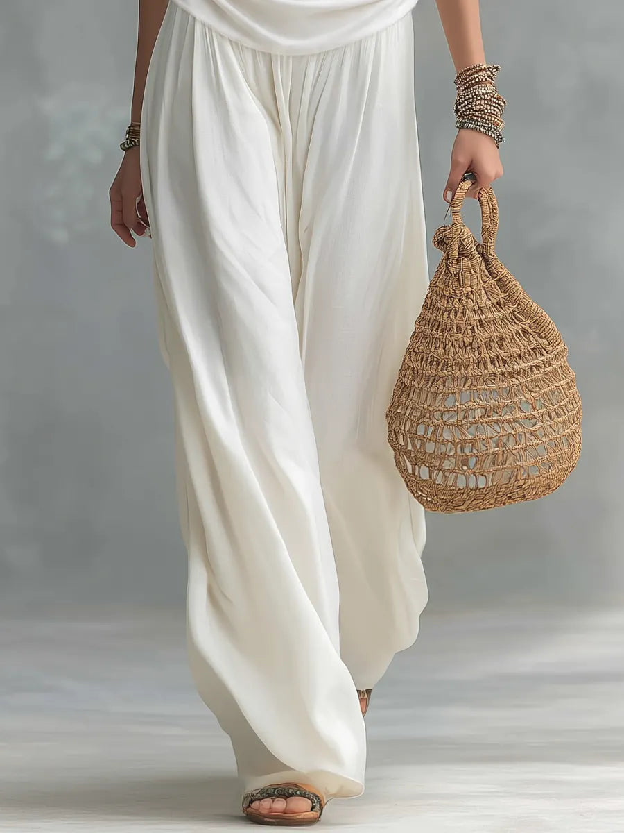 Elegant Ivory Cowl Neck Top & Wide Leg Pants Set