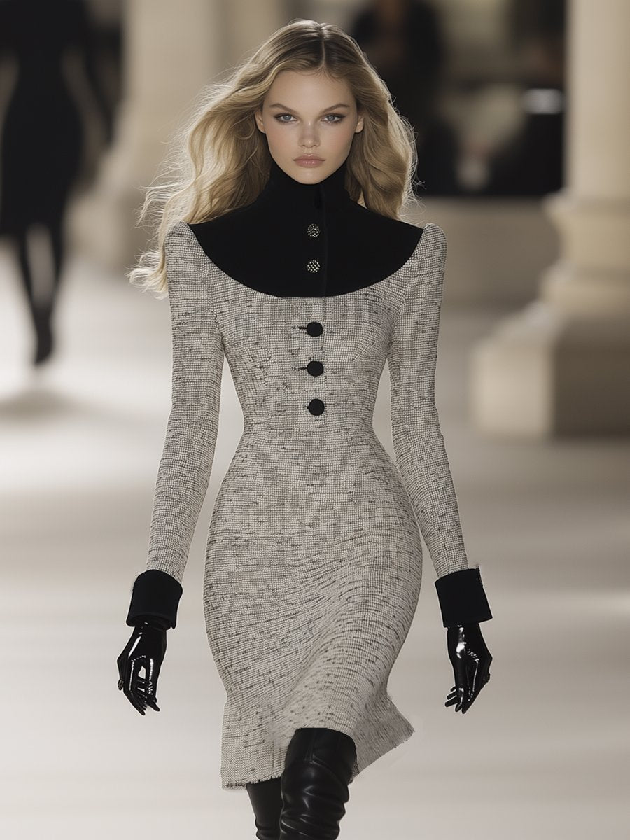 [24-hour shipping out]Retro Elegant Fashionable Stitching Velvet High Collar Tweed Midi Dress