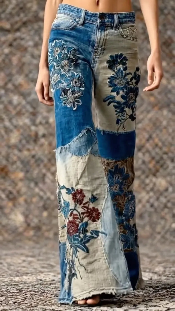 Vintage Patchwork Floral Embroidery Flare Jeans