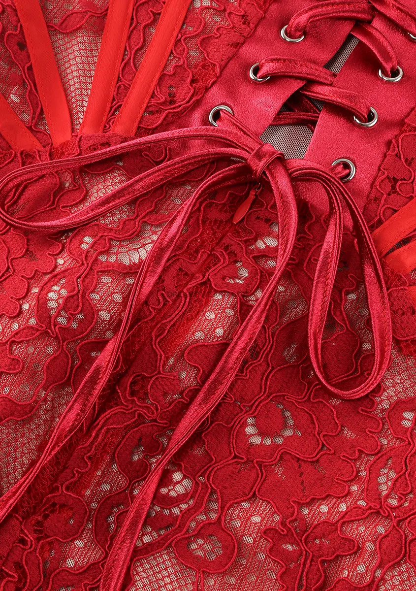 Strapless Lace Draped Corset Dress Red