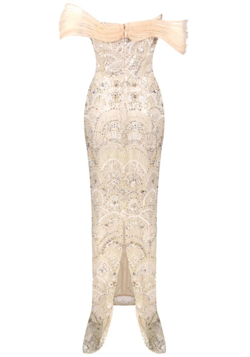 Bardot Sequin Bustier Maxi Dress Peach