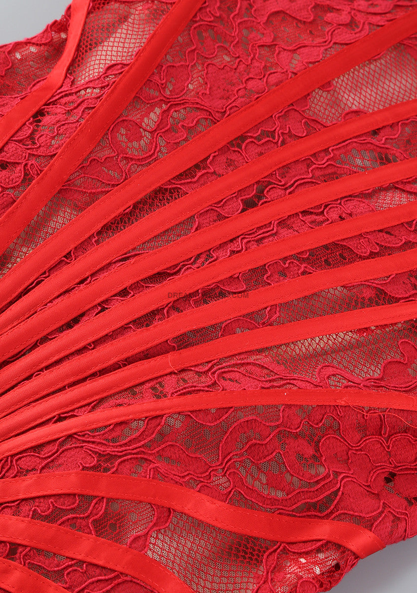 Strapless Lace Draped Corset Dress Red