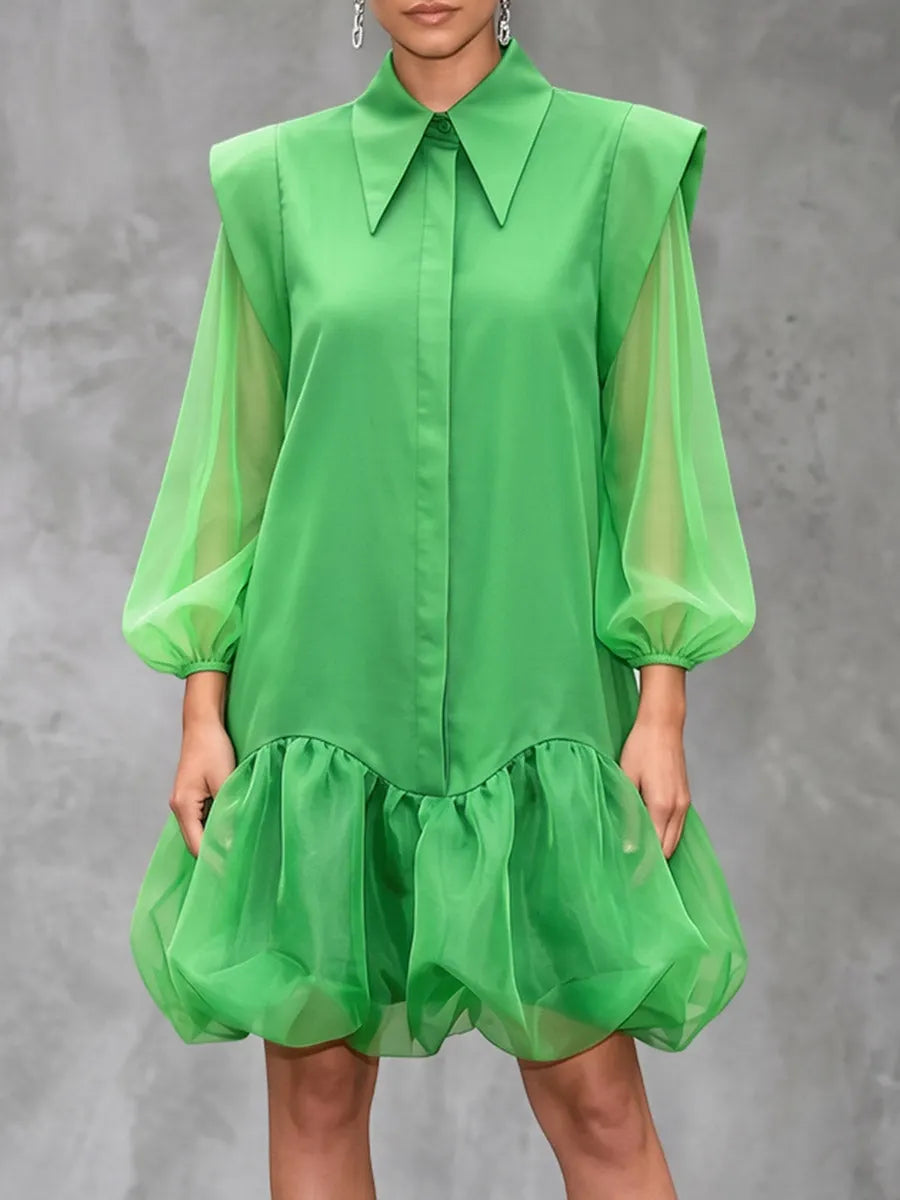 Split-Joint Solid Color Elasticity Buttoned Loose Long Sleeves Lapel Mini Dresses