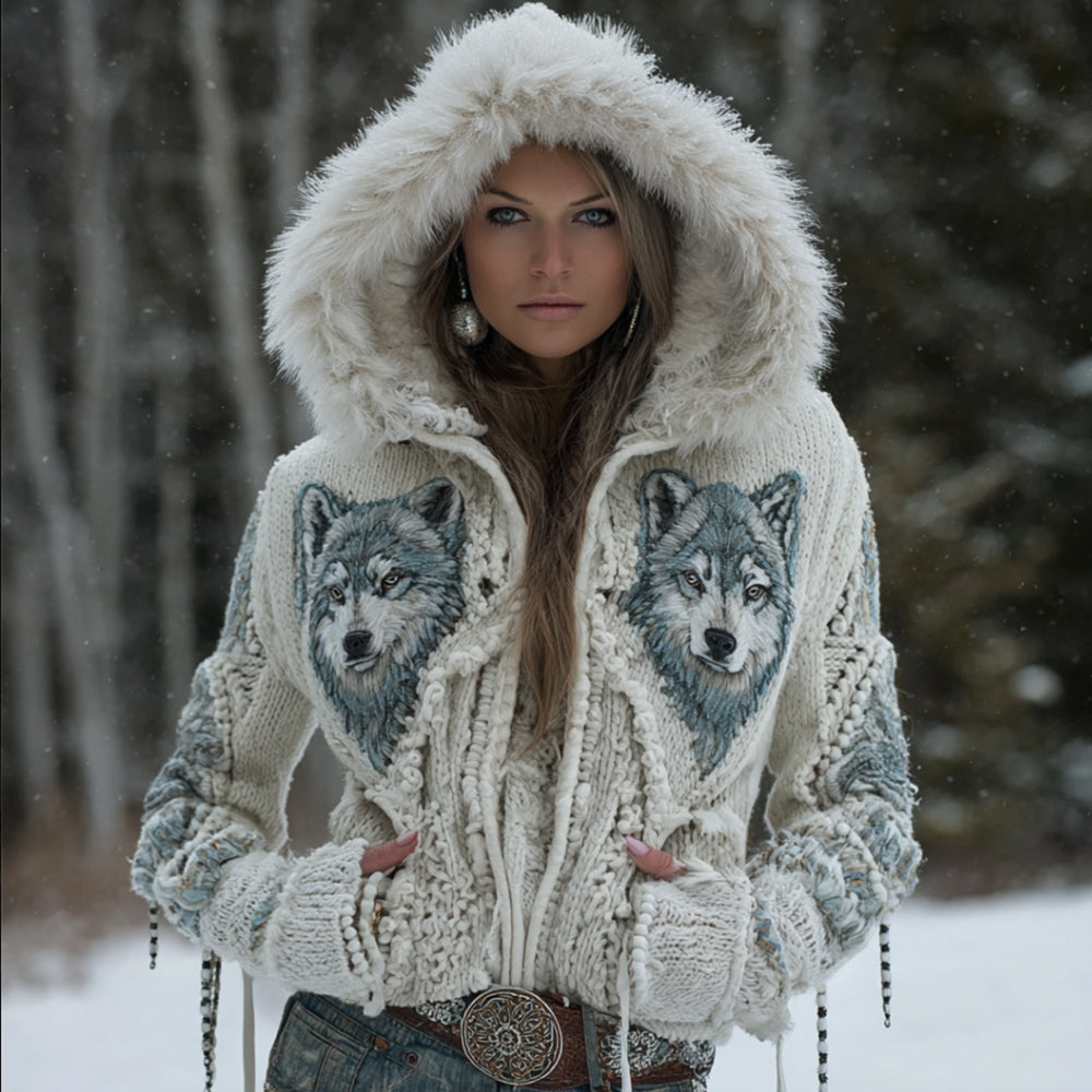 Viking Style Three-dimensional Embroidered Wolf Head Cardigan Hooded Sweater