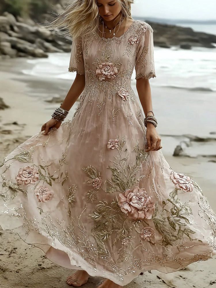 Women's Pink Rose Embroidered Casual And Elegant Dress