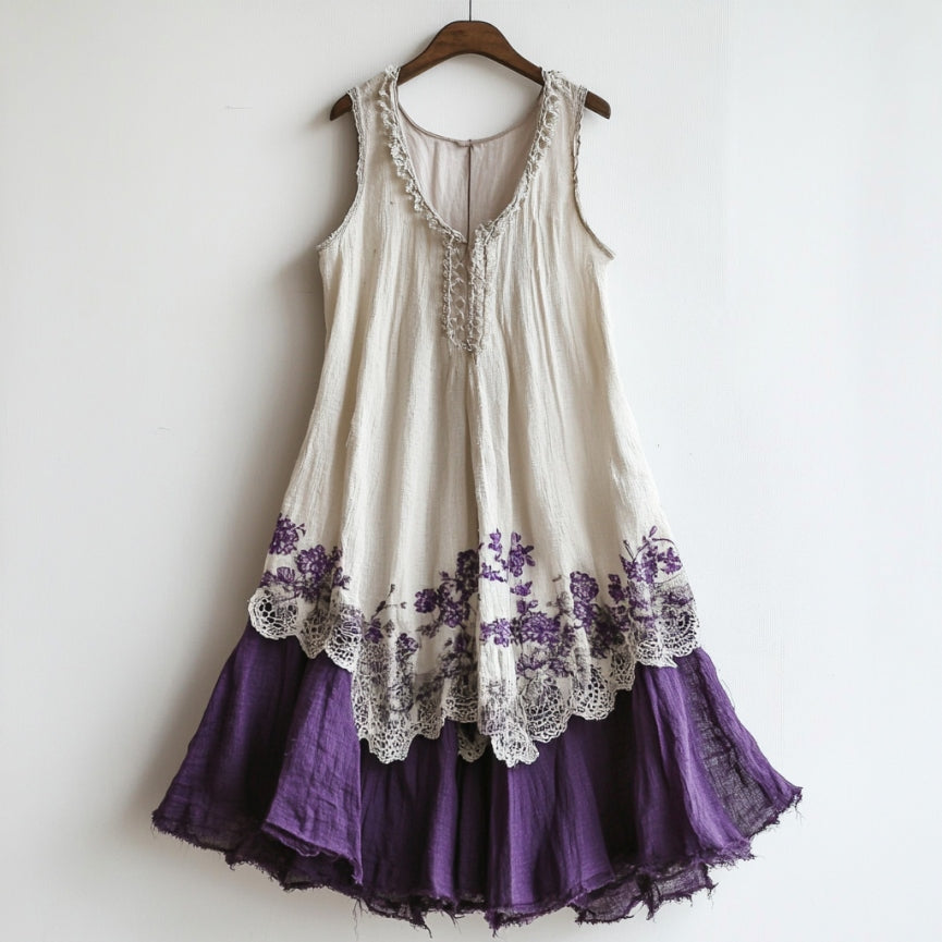 Vintage Lace Floral Embroidery Patchwork Art Tank Midi Dress
