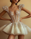 Sexy Embroidered Sequined Rhinestone Crystal Tulle Mini Dress