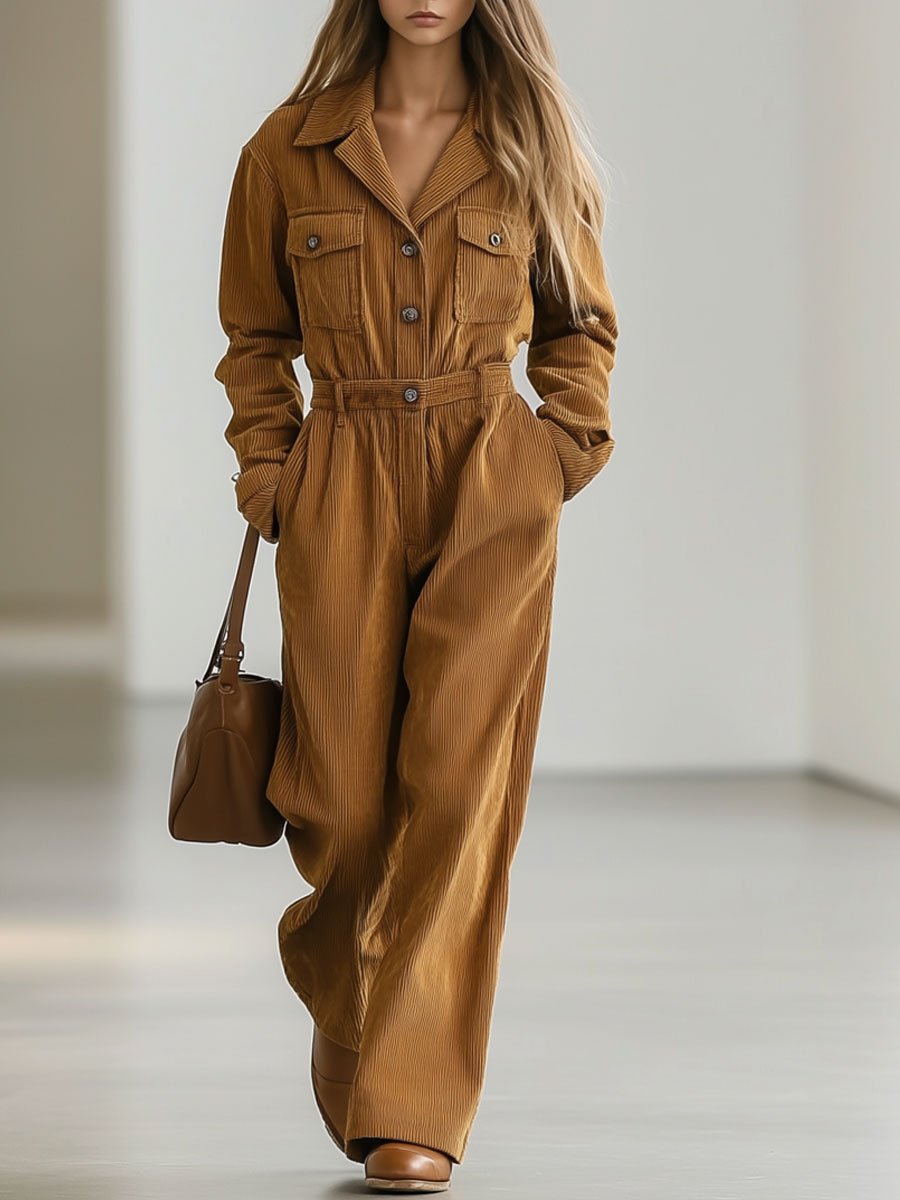 [24-hour shipping out]Casual Loose Retro Corduroy Multi-Pocket Long Sleeve Jumpsuit