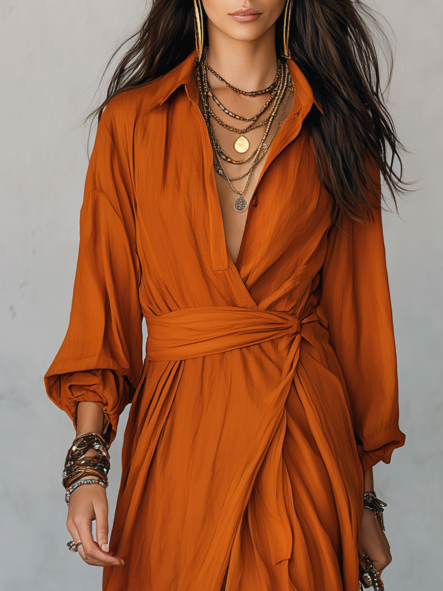 Elegant Vacation Terracotta Draped High-Slit Maxi Dress