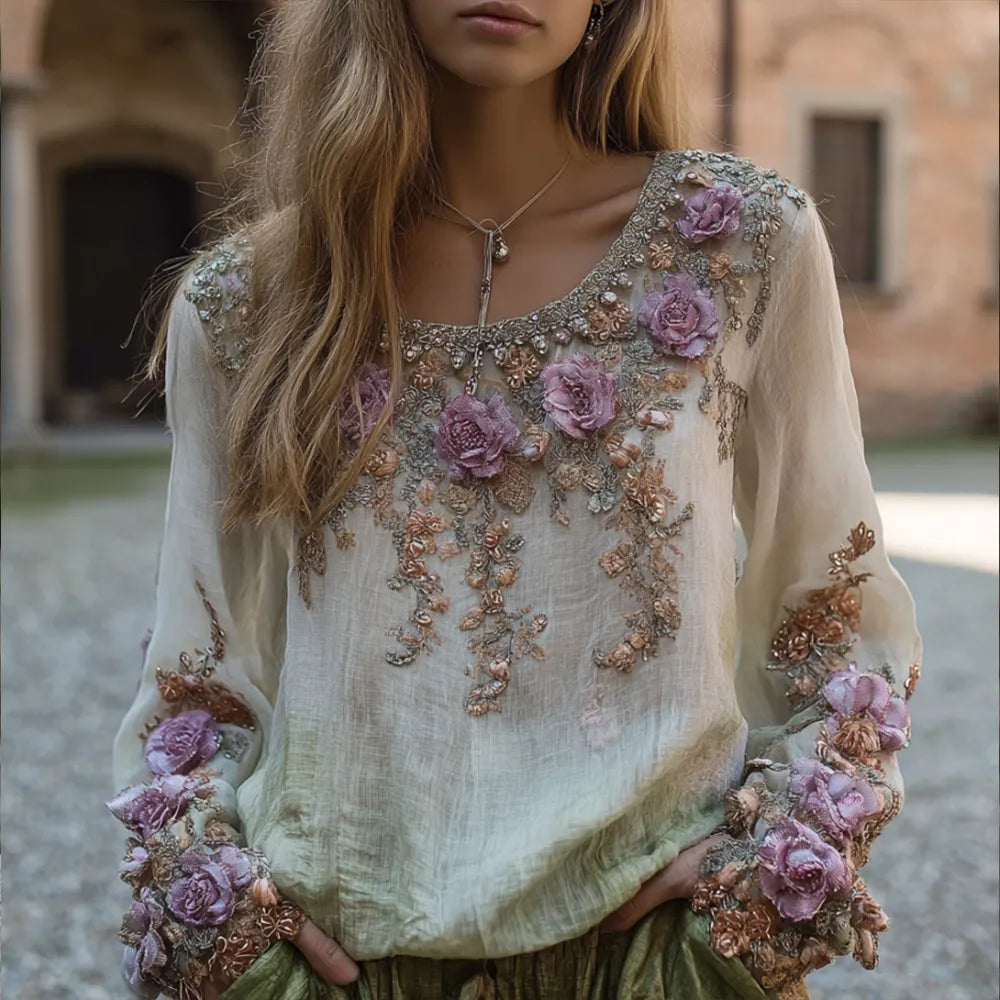 Women's Purple Romantic Vintage Round-neck Long-sleeved Shirt