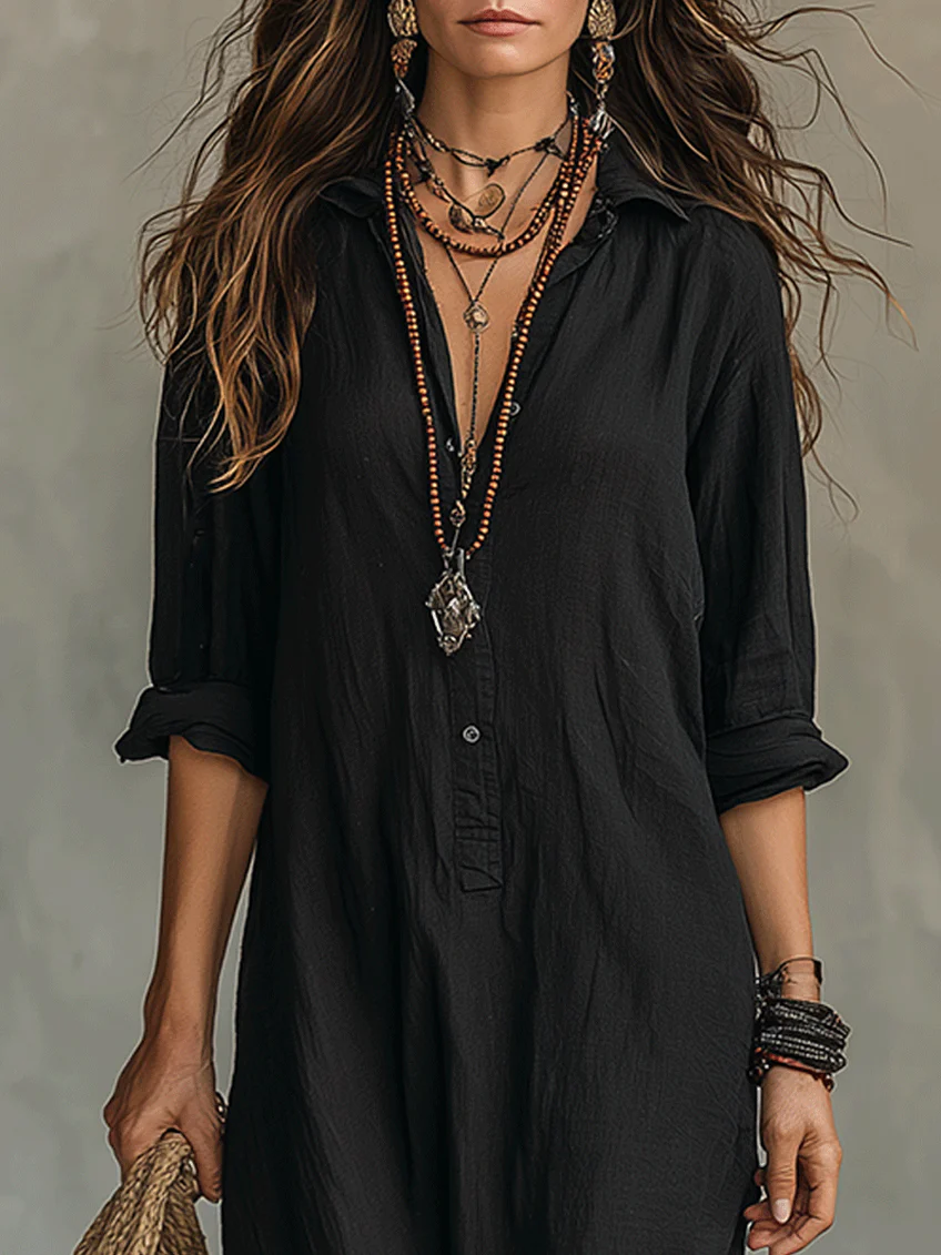 Casual Solid-color Linen-cotton Dress