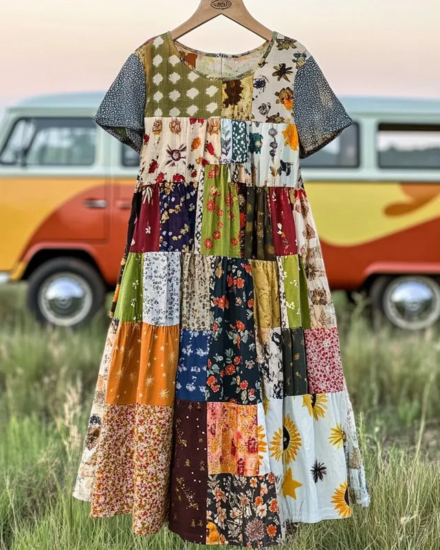 Summer vacation loose patchwork cotton and linen dress 2d36