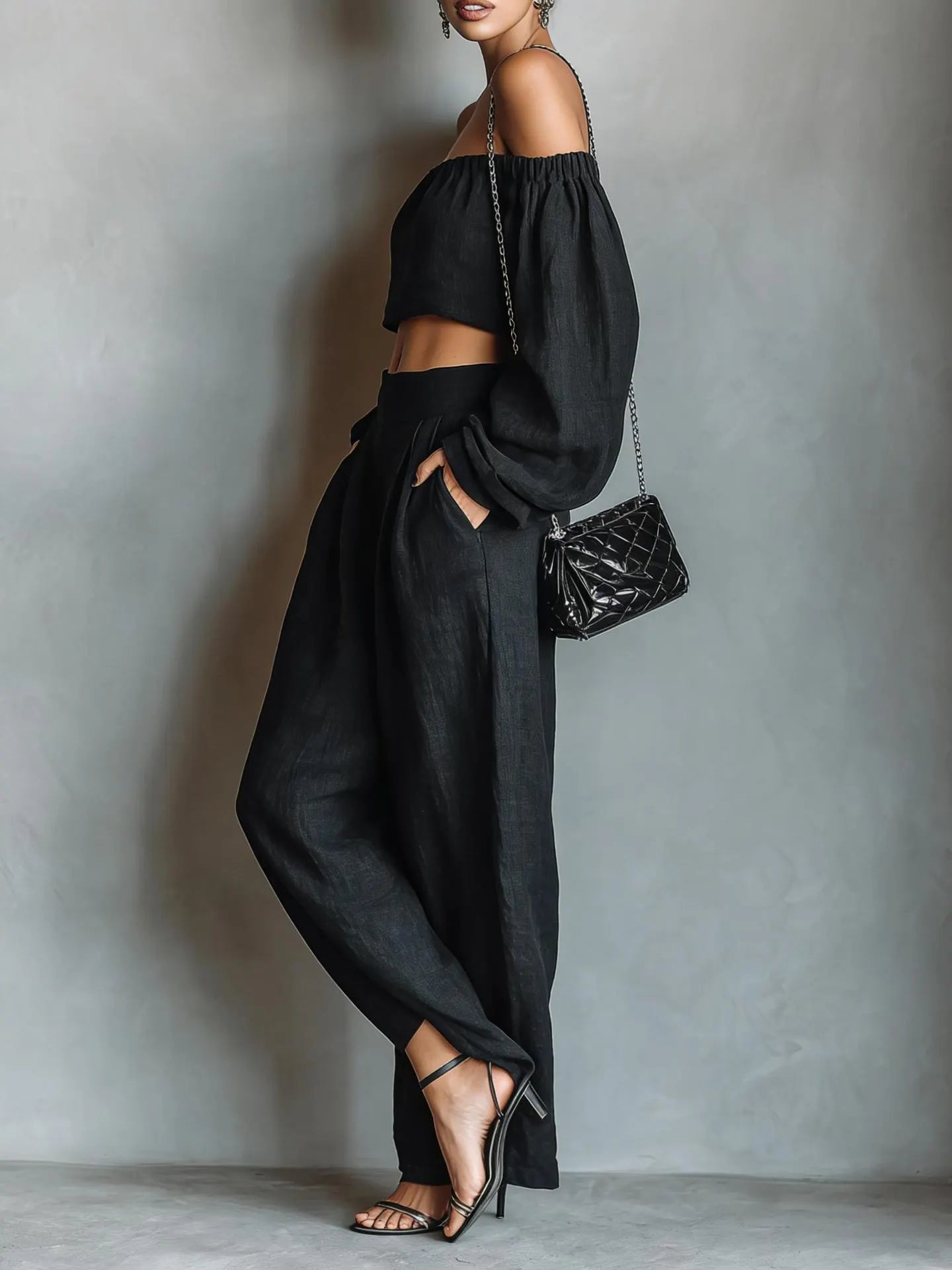 Gurtons Elegant Off-Shoulder Puff Sleeve Two-Piece Set - Flowy Wide Leg Pants Resort Wear