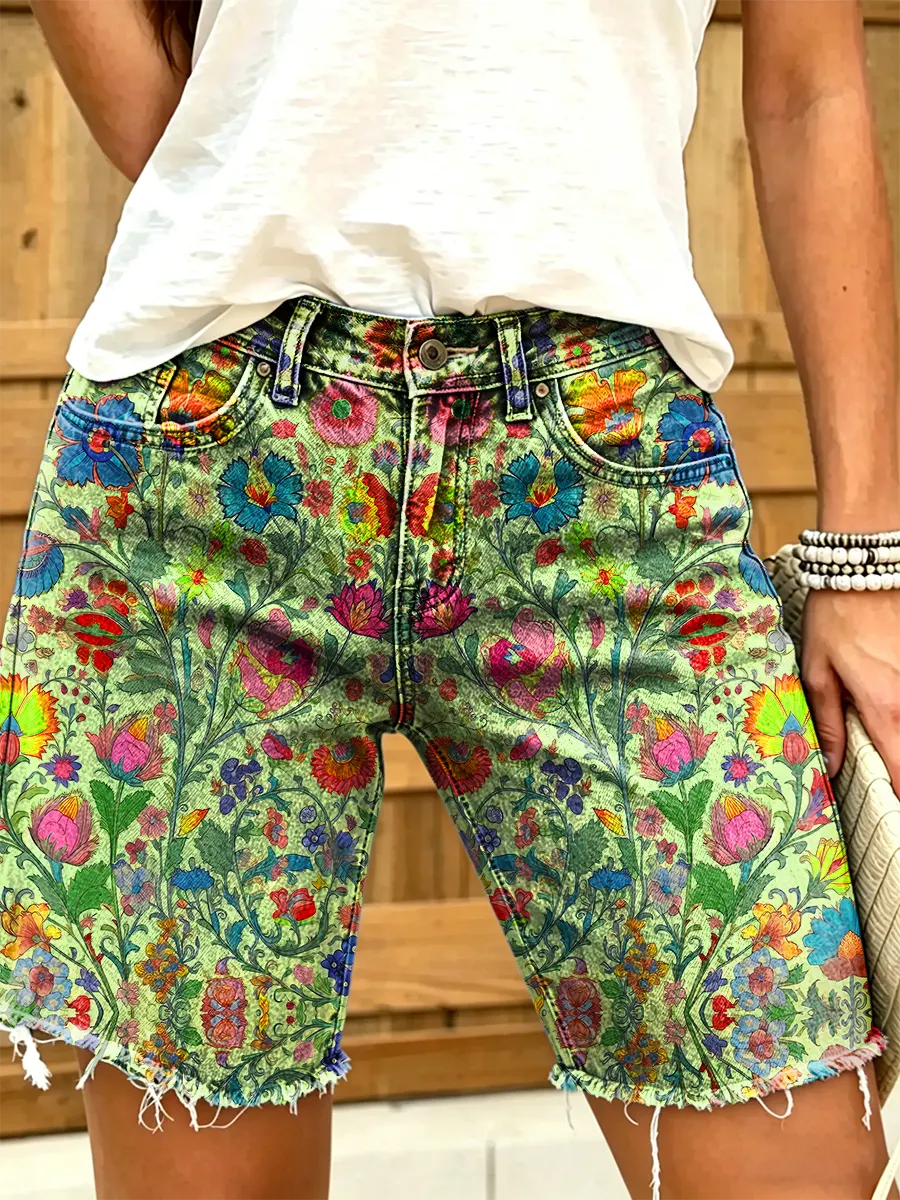 Ethnicity Flowers Geometry Women's Art Print Casual Denim Shorts