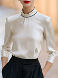 Contrast Piped Mock Neck Satin Blouse
