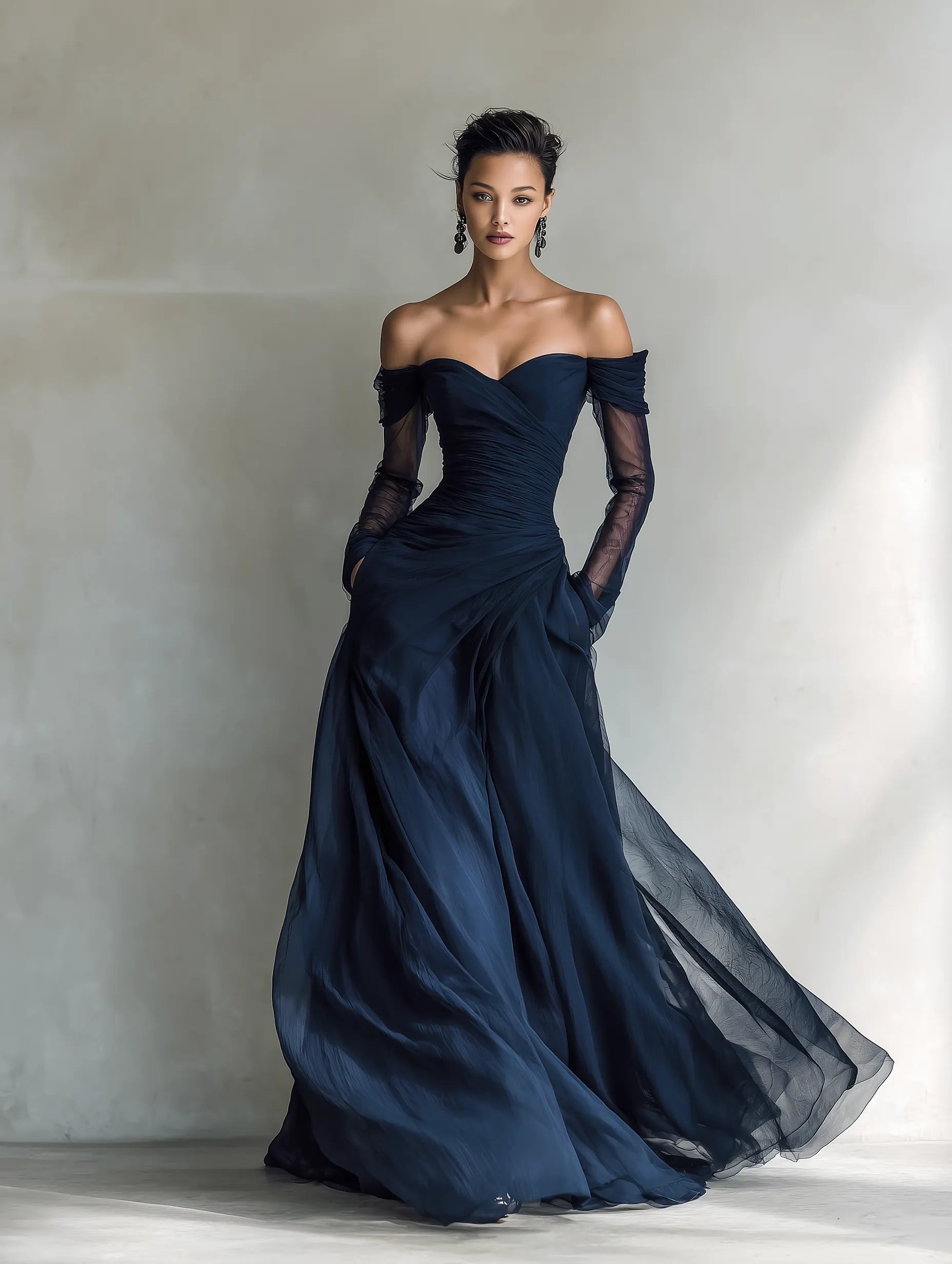 Elegant Off-Shoulder Chiffon Organza Maxi Dress