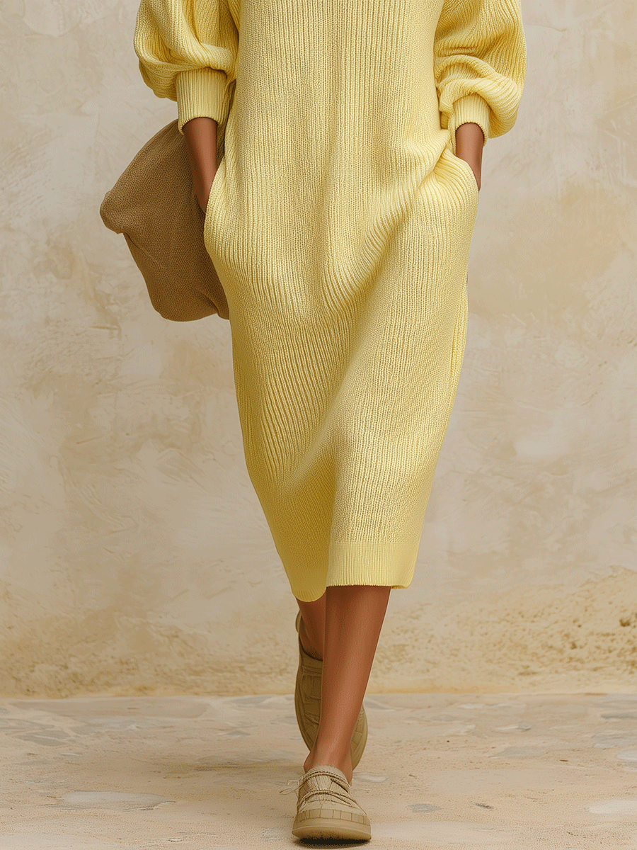 Women's Oversized Ribbed Knit Polo Collar Sweater Dress Long Sleeve Midi Dress