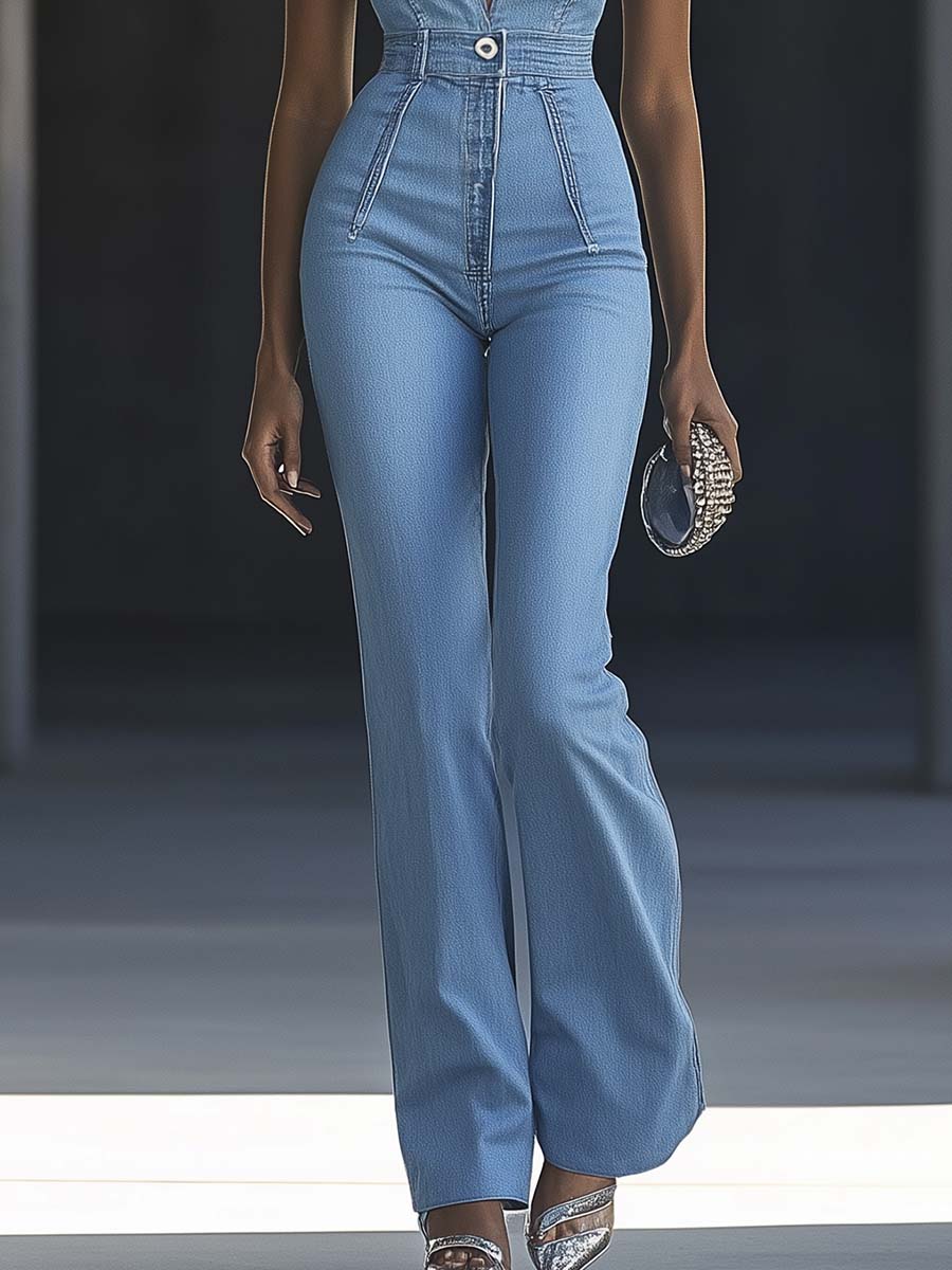 [24-hour shipping out]Simple and Fashionable V-neck Sleeveless Tight Light Blue Denim Jumpsuit