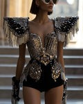 Festive Carnival Studded Rhinestone Sequined Tulle Bodysuit