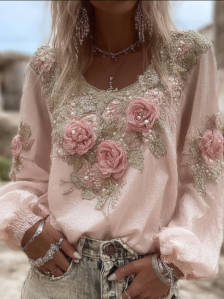 Women's Soft Rose Vintage Pink Round Neck Cotton And Linen Top