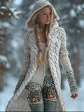 Viking Style Celtic Knot White Hooded Cardigan Sweater