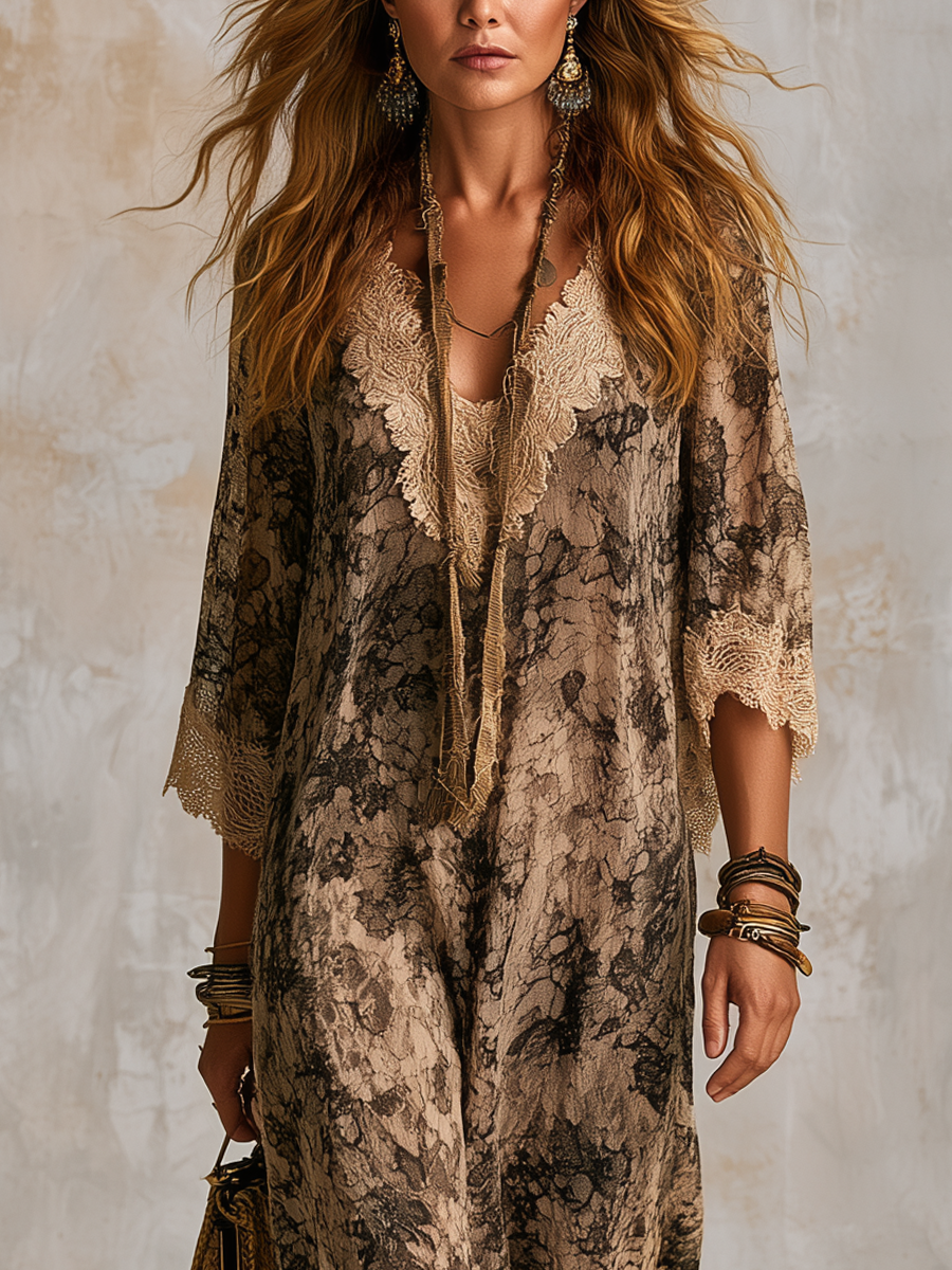 Bohemian Khaki Lace Print Maxi Dress