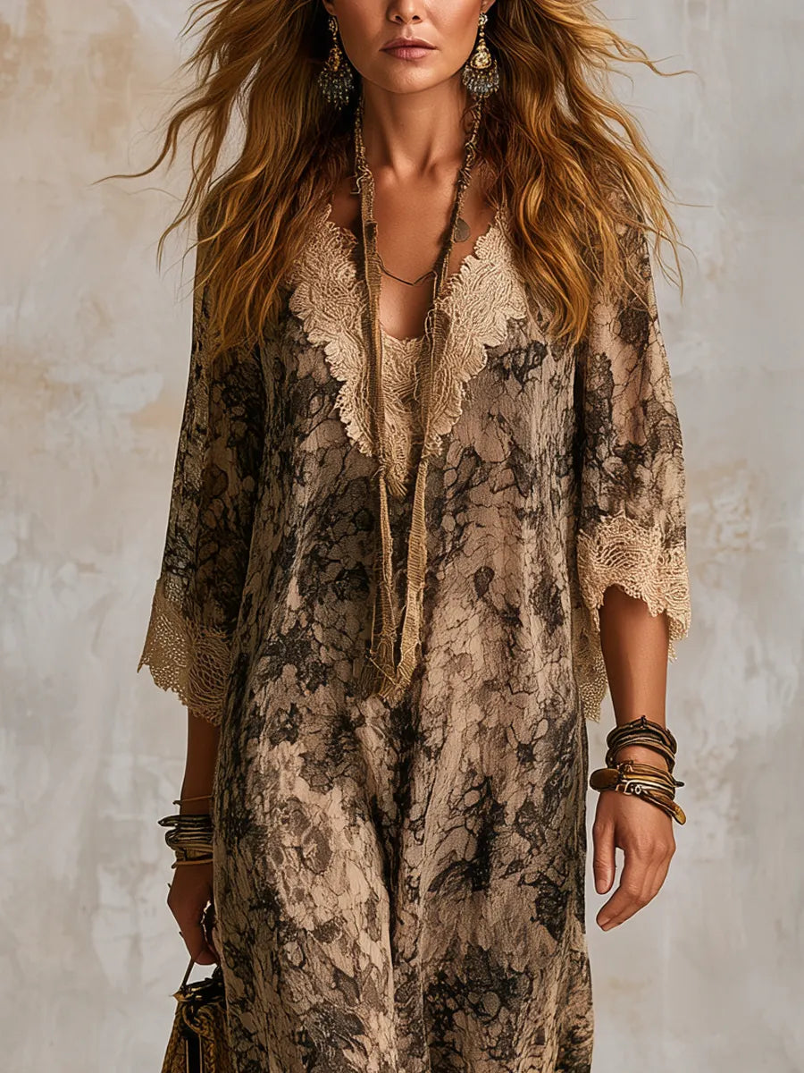 Bohemian Khaki Lace Print Maxi Dress