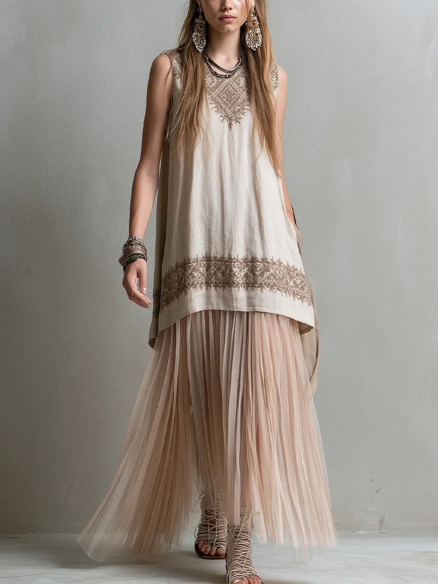 Bohemian Light Pink Floral Print Top And Lightweight Mesh Skirt Set