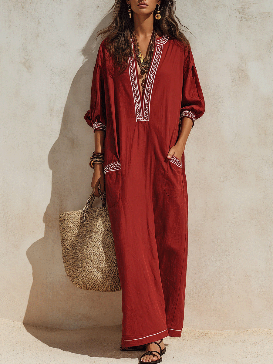 Ethnic Resort Linen Contrast-Trim Pocket Loose Brick Red Peasant Maxi Dress