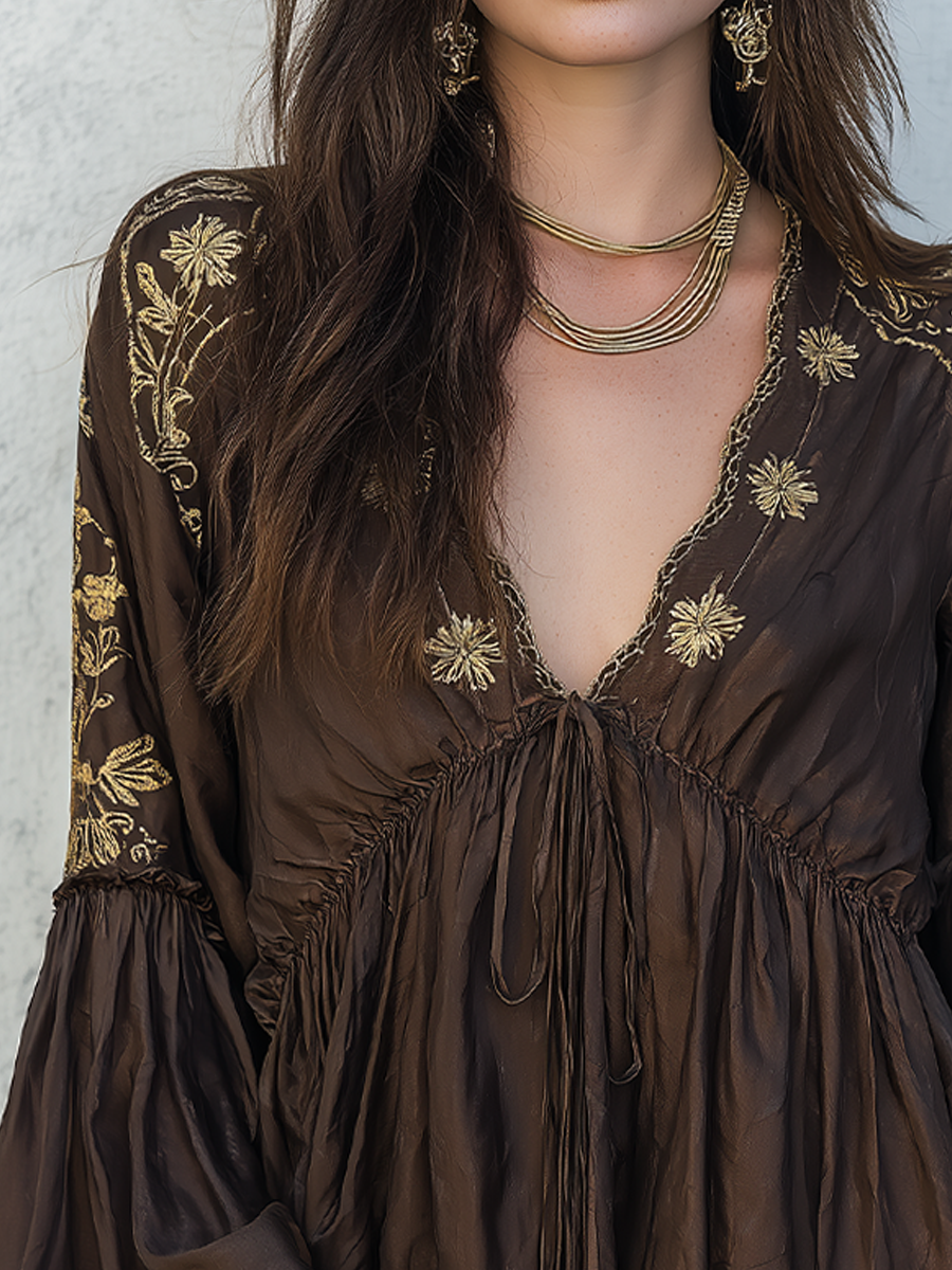 Relaxed Dark Brown Embroidered Tie Front Blouse