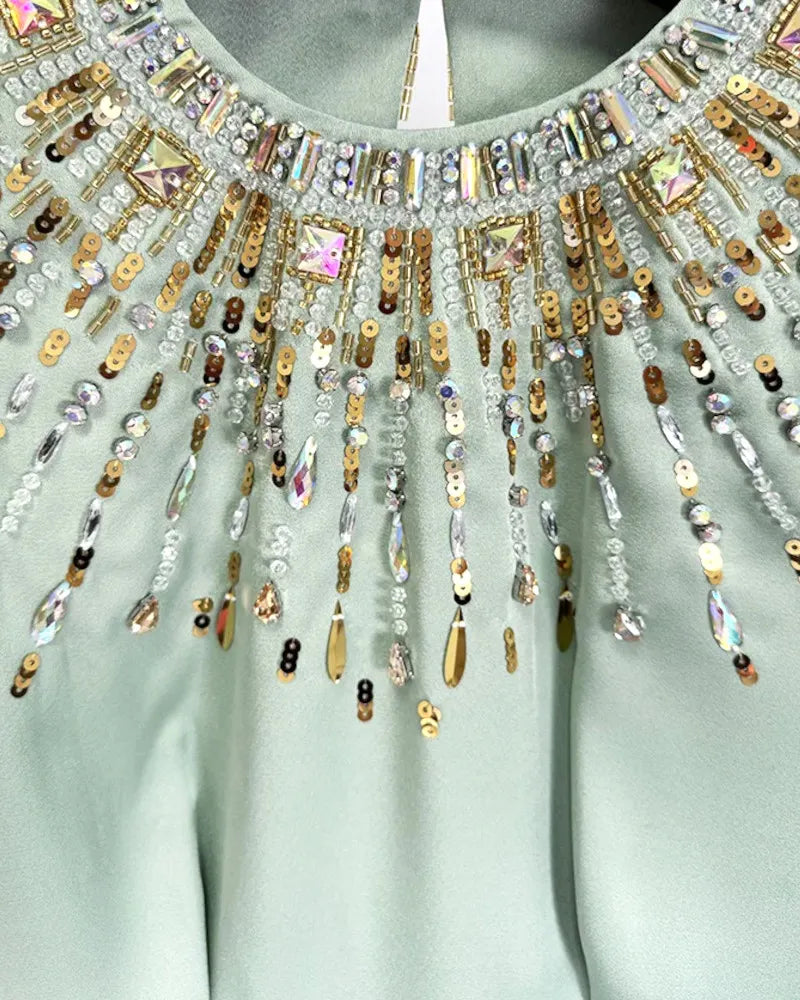 Embellished Cape Detail Maxi Dress Green